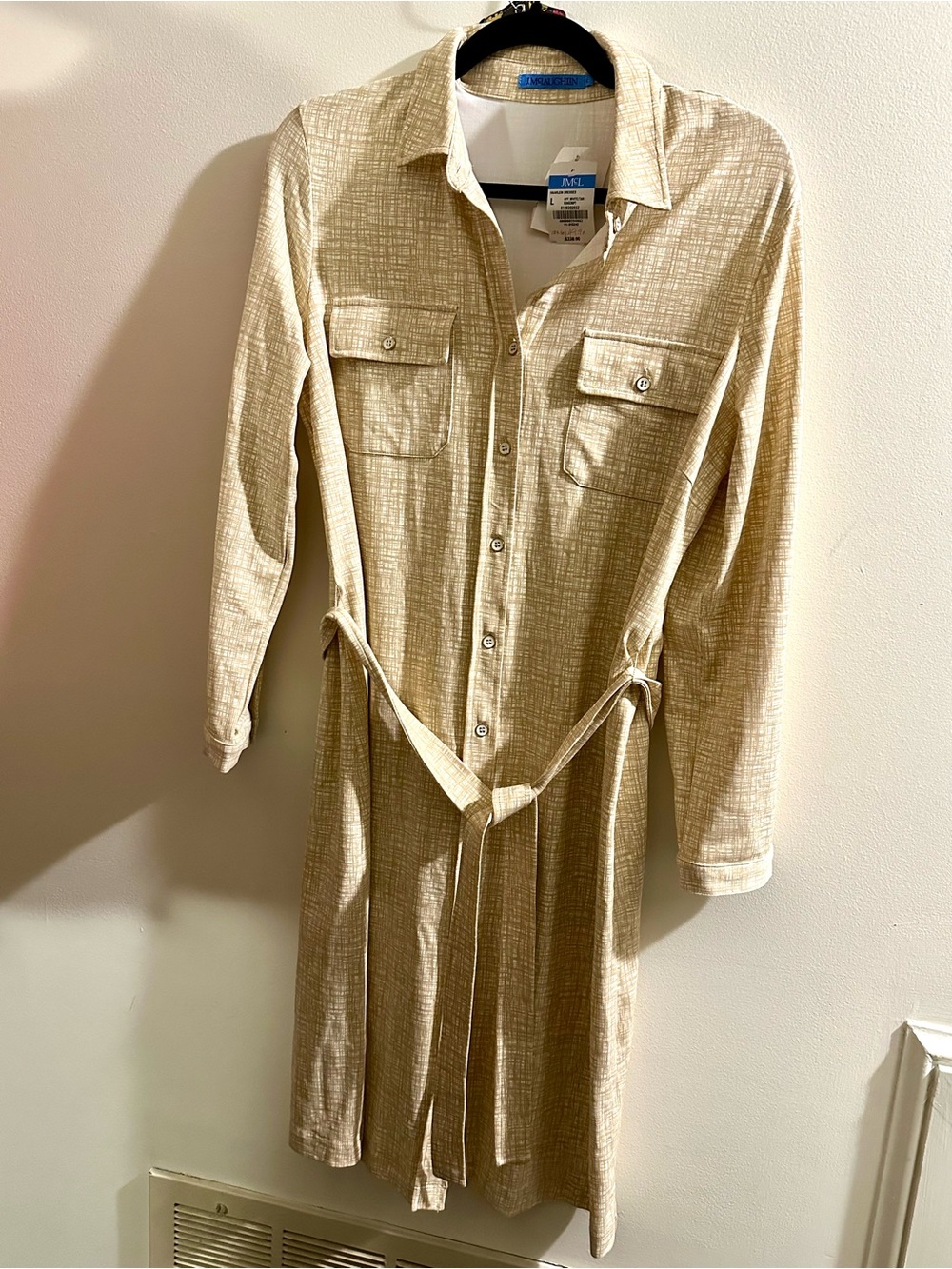 J McLaughlin Long Sleeve Beige Shirt Dress with Waist Tie new w tags - Picture 2 of 5